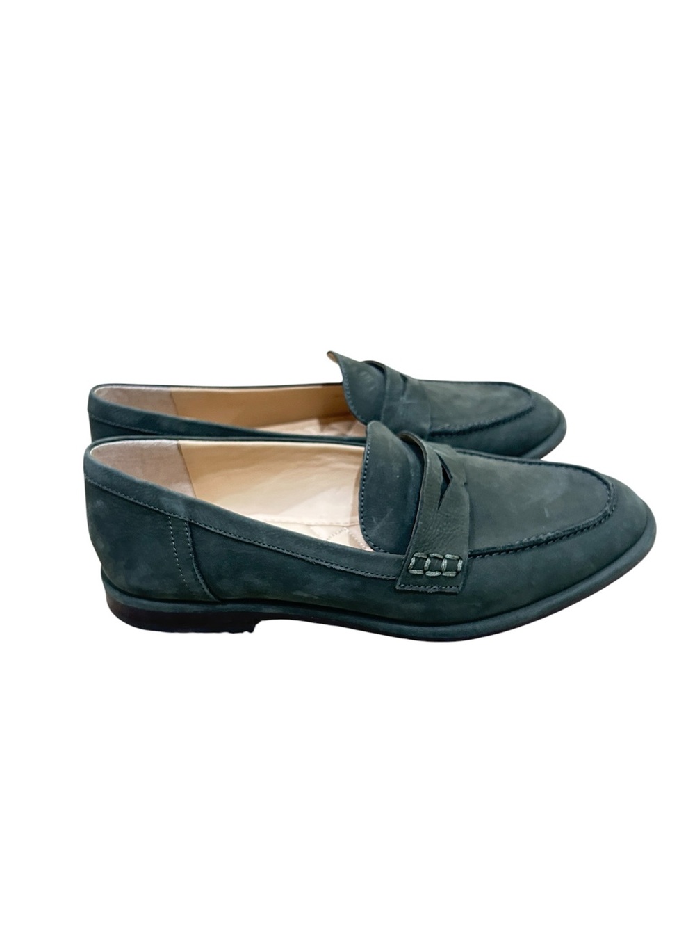 J. McLaughlin Suede slip on Penny Loafers in olive Green leather sole size 8
